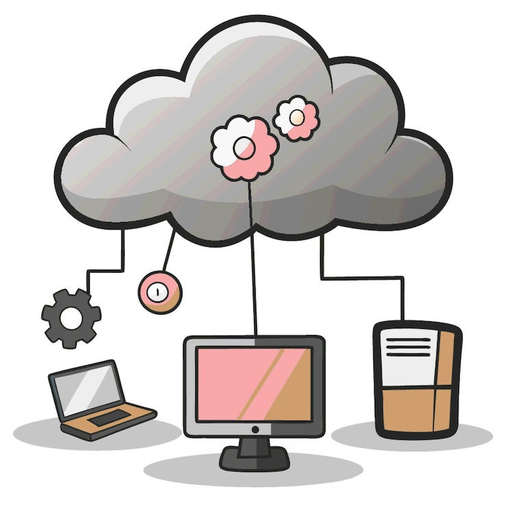 Vector ilustración vectorial de concepto tecnológico con elementos de estilo plano de diseño de computación en la nube