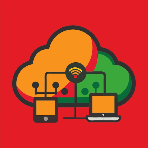 Ilustración vectorial de concepto tecnológico con elementos de estilo plano de diseño de computación en la nube