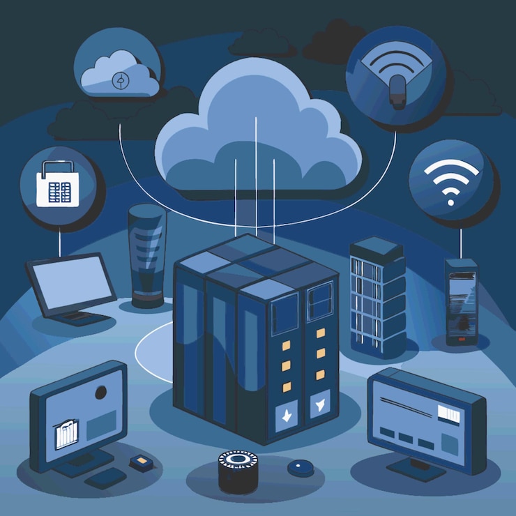 Vector ilustración vectorial de concepto tecnológico con elementos de estilo plano de diseño de computación en la nube
