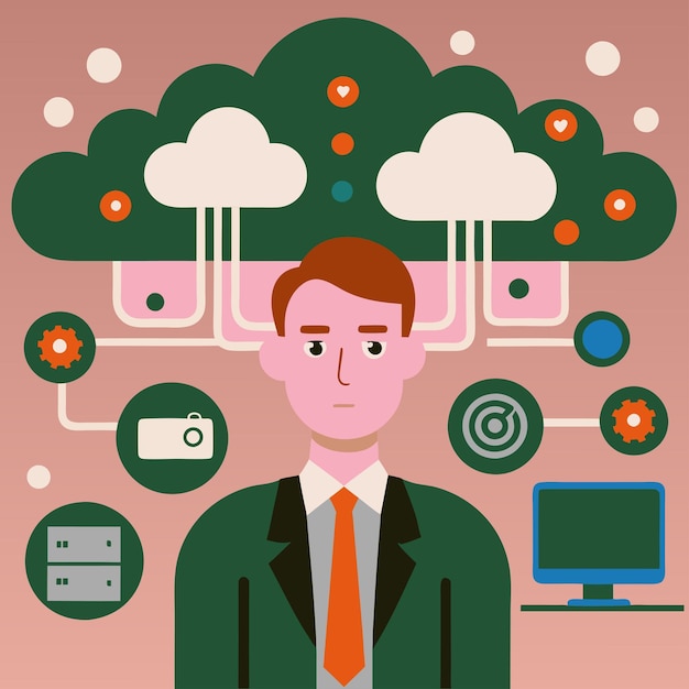 Ilustración vectorial de concepto tecnológico con elementos de estilo plano de diseño de computación en la nube