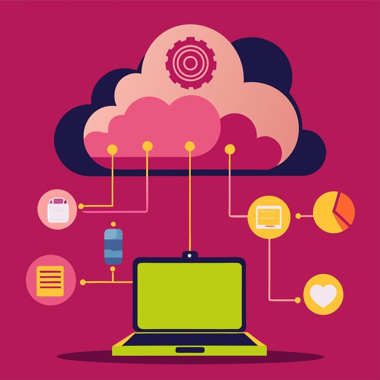 Vector ilustración vectorial de concepto tecnológico con elementos de estilo plano de diseño de computación en la nube