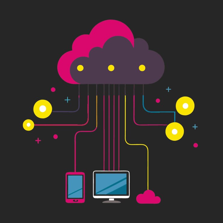 Vector ilustración vectorial de concepto tecnológico con elementos de estilo plano de diseño de computación en la nube