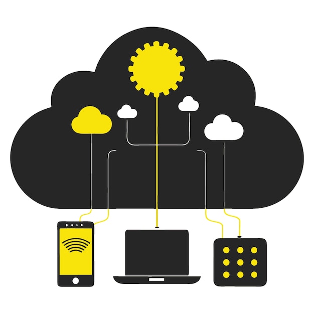 Ilustración vectorial de concepto tecnológico con elementos de estilo plano de diseño de computación en la nube
