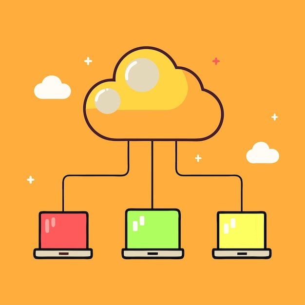 Ilustración vectorial de concepto tecnológico con elementos de estilo plano de diseño de computación en la nube