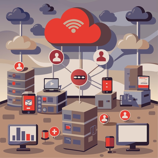 Ilustración vectorial de concepto tecnológico con elementos de estilo plano de diseño de computación en la nube