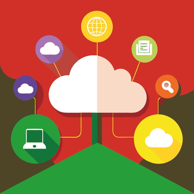 Ilustración vectorial de concepto tecnológico con elementos de estilo plano de diseño de computación en la nube