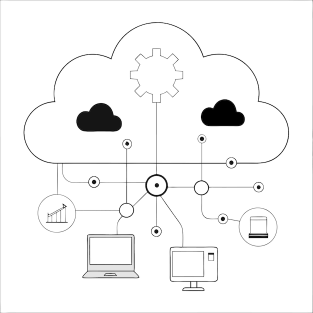 Ilustración vectorial de concepto tecnológico con elementos de estilo plano de diseño de computación en la nube
