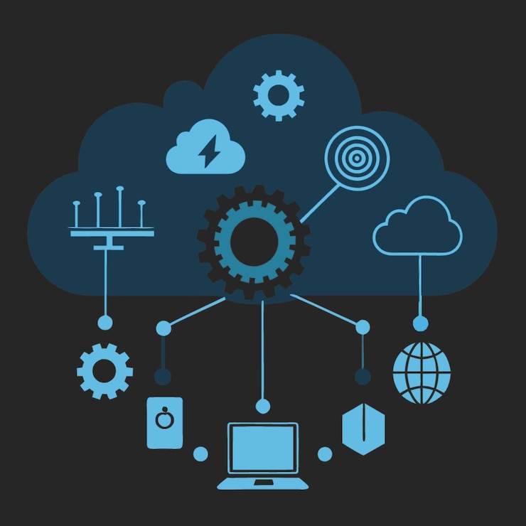 Vector ilustración vectorial de concepto tecnológico con elementos de estilo plano de diseño de computación en la nube