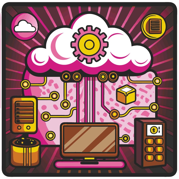 Vector ilustración vectorial de concepto tecnológico con elementos de estilo plano de diseño de computación en la nube