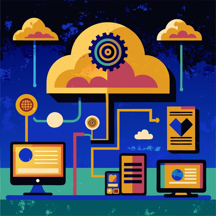 Vector ilustración vectorial de concepto tecnológico con elementos de estilo plano de diseño de computación en la nube