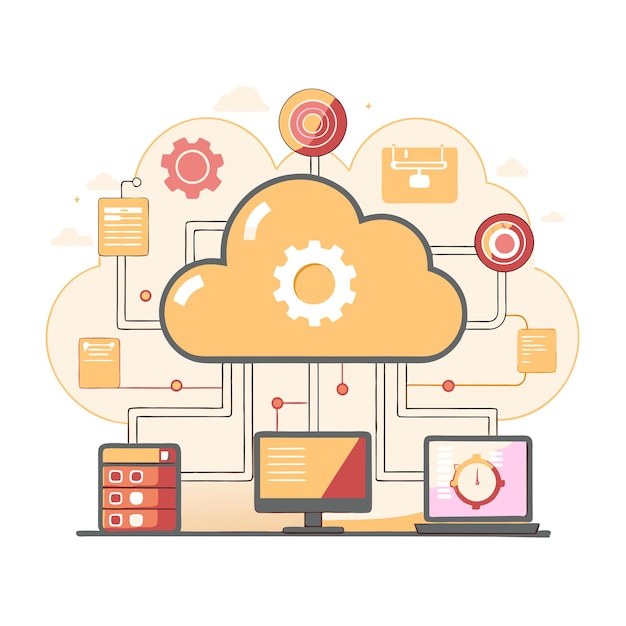 Ilustración vectorial de concepto tecnológico con elementos de estilo plano de diseño de computación en la nube
