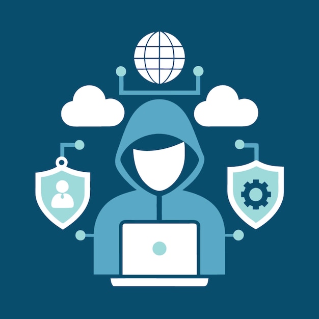 Ilustración vectorial de concepto tecnológico con elementos de estilo plano de diseño de seguridad cibernética