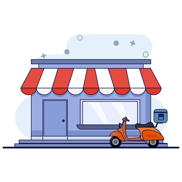 Ilustración vectorial del concepto de una tienda o puesto con diferentes alimentos y necesidades