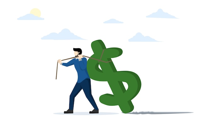 Ilustración vectorial del concepto de trabajar duro por dinero con un hombre de negocios arrastrando dinero signo de dólar