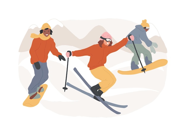 Vector ilustración vectorial de conceptos aislados de deportes extremos de invierno competición de deportes de invierno extremos equipamiento de esquí y snowboard tienda de resorts de montaña actividad al aire libre concepto vectorial pro rider