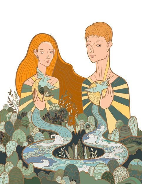 Vector ilustración vectorial conceptual de una mujer y un hombre enamorados y en armonía con la naturaleza y con ellos mismos. la interconexión de todo con todo en el mundo.