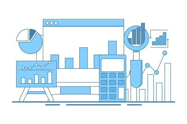 Ilustración vectorial conceptual sobre el análisis de datos o el análisis de negocios o el monitor del tablero de instrumentos de informes