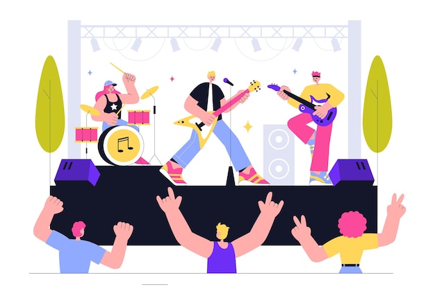 Ilustración vectorial de concierto de música con una actuación de artistas en un evento de música en vivo con instrumentos musicales durante un festival de fin de semana de verano