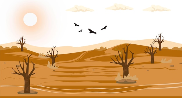 Vector ilustración vectorial de las condiciones del bosque seco debido a la larga temporada seca que causa sequía