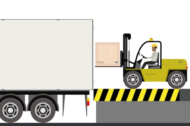 Ilustración vectorial del conductor de la carretilla elevadora en el trabajo en un camión de almacén