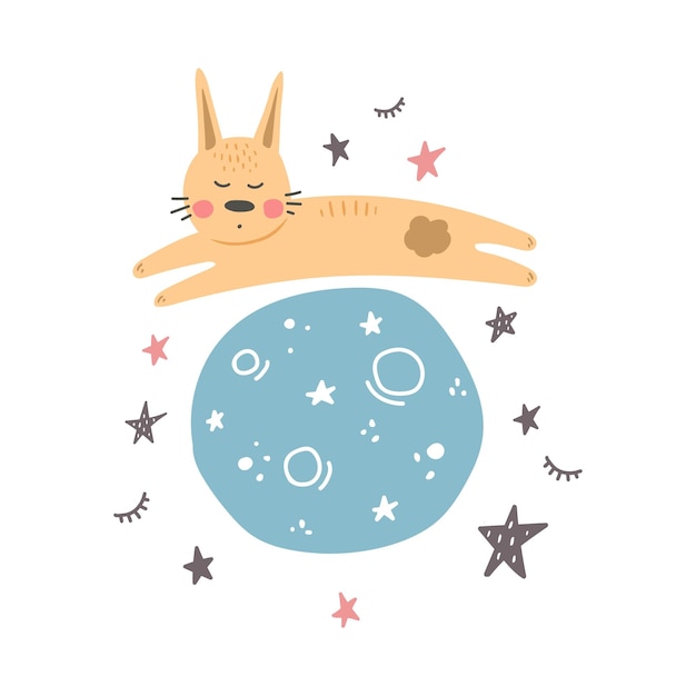 ilustración vectorial con conejito divertido en el espacio en estilo escandinavo para niños imprimir