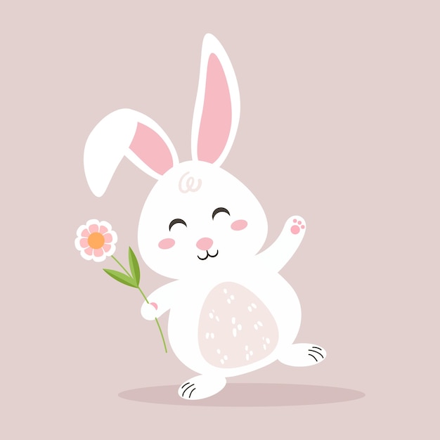 Ilustración vectorial de conejo blanco con una flor perfecta para temas de primavera e Pascua