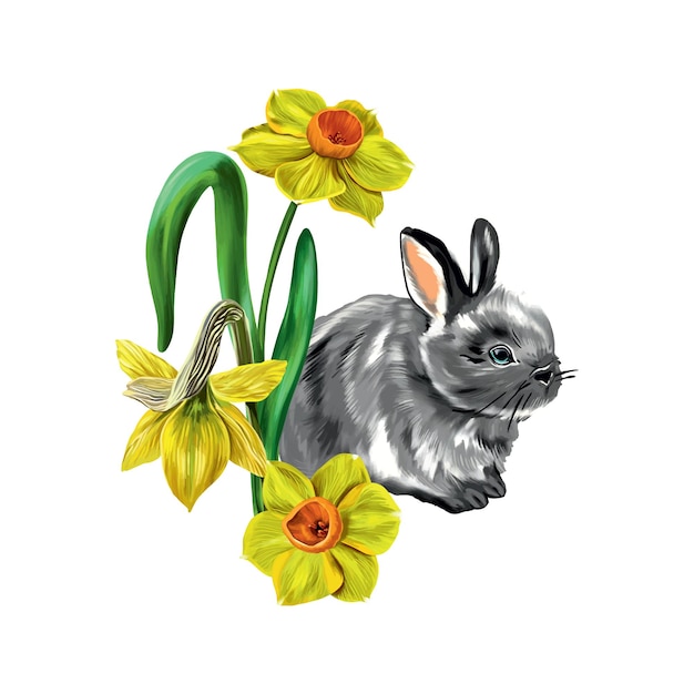 Ilustración vectorial de un conejo decorado con flores narcisos muscari y hojas verdes Tarjetas de felicitación de invitación Ilustración de Pascua