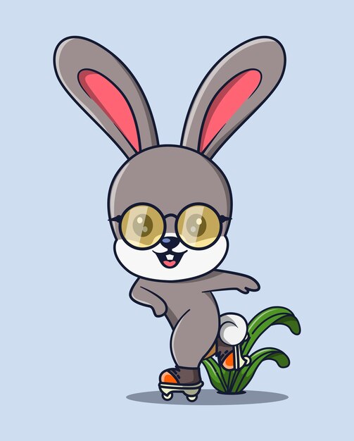 ilustración vectorial de un conejo con gafas jugando a patinar