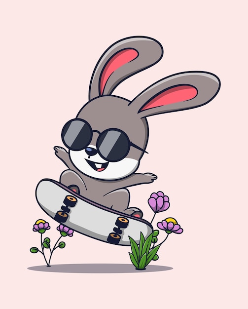 ilustración vectorial de un conejo con gafas de sol jugando patineta