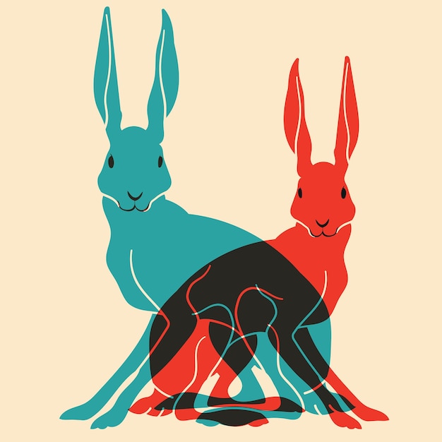 Ilustración vectorial de conejos en un estilo minimalista con efecto de impresión Riso