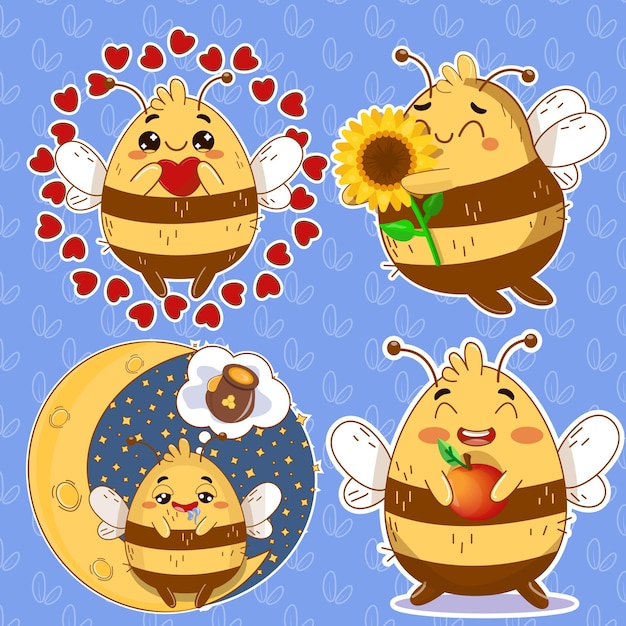Ilustración vectorial de un conjunto de abejas lindas