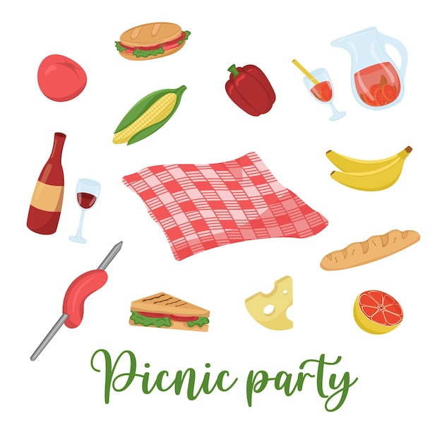 Vector ilustración vectorial con un conjunto de alimentos y bebidas para un picnic tarjeta de colores para una fiesta de barbacoa