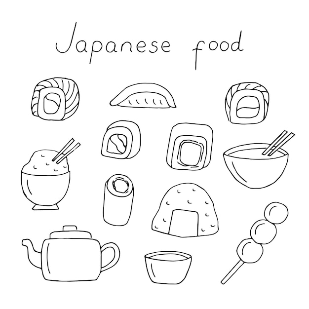 Vector ilustración vectorial de un conjunto de alimentos japoneses dibujo a mano