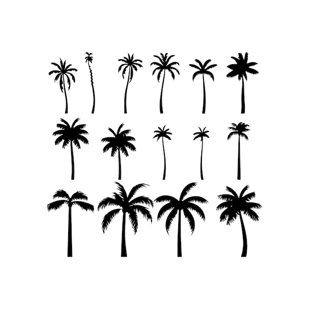 Ilustración vectorial de un conjunto de árboles de coco sobre un fondo blanco