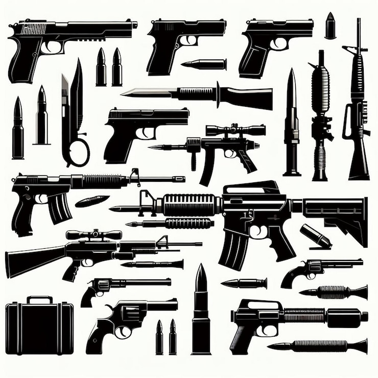 Vector ilustración vectorial del conjunto de armas de shiloutte