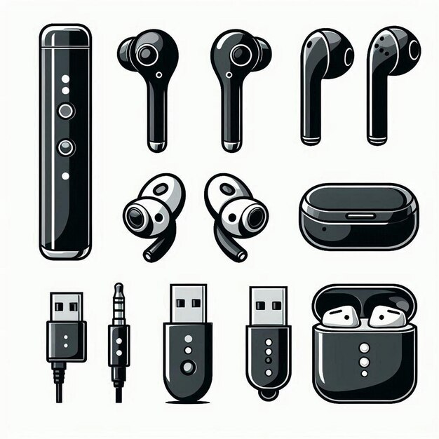Ilustración vectorial del conjunto de auriculares inalámbricos