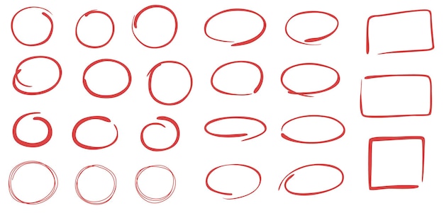 Ilustración vectorial del conjunto de bocetos de círculos rojos y óvalos dibujados a mano