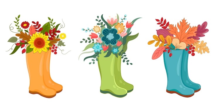 Vector ilustración vectorial conjunto botas de agua de primavera con ramo floreciente algodón de flores de primavera