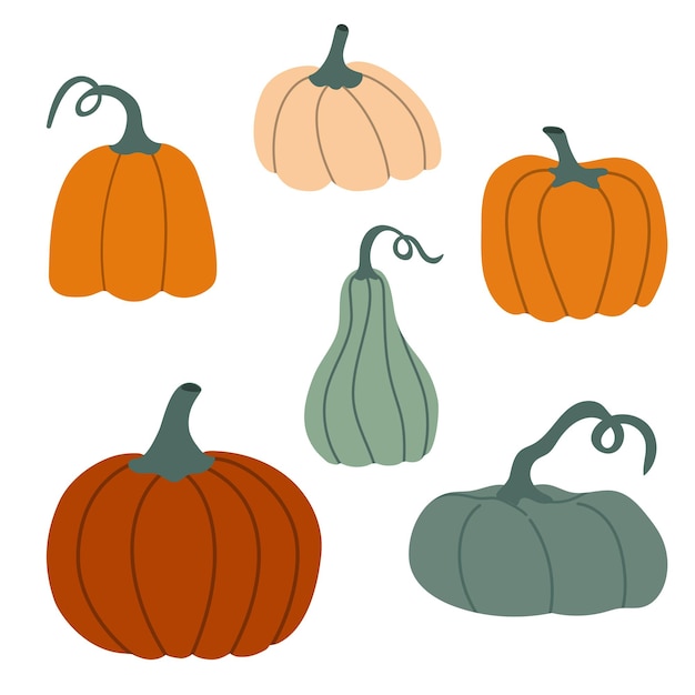 Ilustración vectorial de un conjunto de calabazas en un estilo plano sobre un fondo blanco