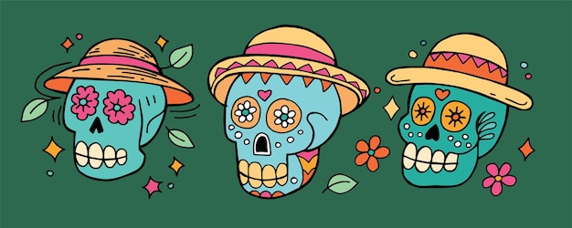ilustración vectorial de un conjunto de calaveras pintadas para la festividad del día de los muertos dibujando en fl
