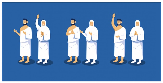 Ilustración vectorial del conjunto de caracteres de peregrinación islámica hajj hombre y mujeres