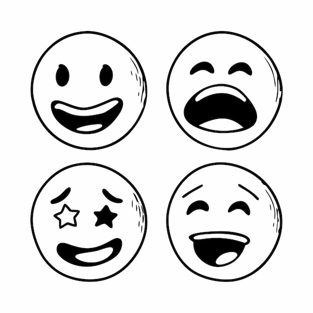 Ilustración vectorial de un conjunto de cuatro íconos emoji dibujados a mano