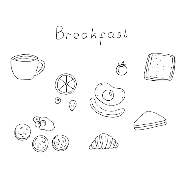 Ilustración vectorial del conjunto de desayunos dibujados a mano