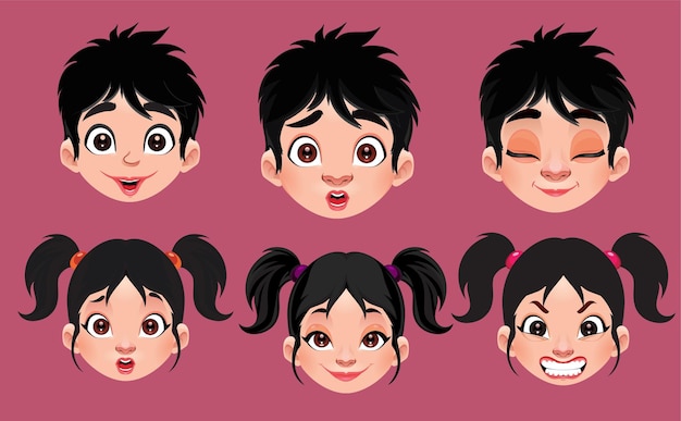 Ilustración vectorial de un conjunto de diferentes expresiones faciales de niñas y niños