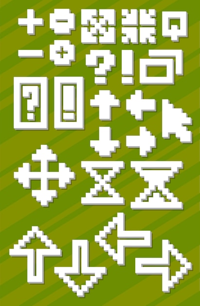 Una ilustración vectorial conjunto de diferentes símbolos de fuente de píxeles blancos