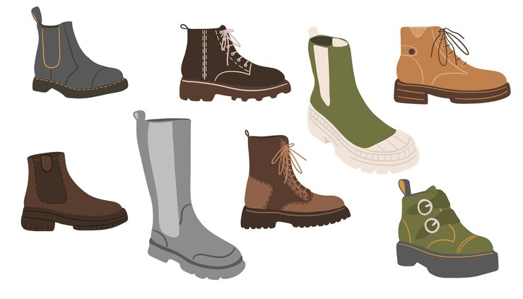 Vector ilustración vectorial de un conjunto de diferentes tipos de botas y zapatos casuales para mujeres