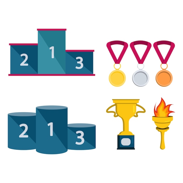 Ilustración vectorial de un conjunto de elementos deportivos para competiciones una antorcha una copa medallas pedestales
