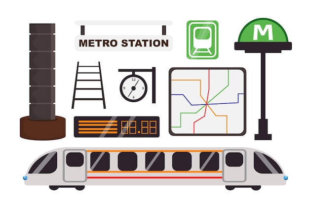Ilustración vectorial de un conjunto de elementos con un metro señales columnas de pared rieles mapa reloj tren eléctrico aislado en fondo blanco estación de metro