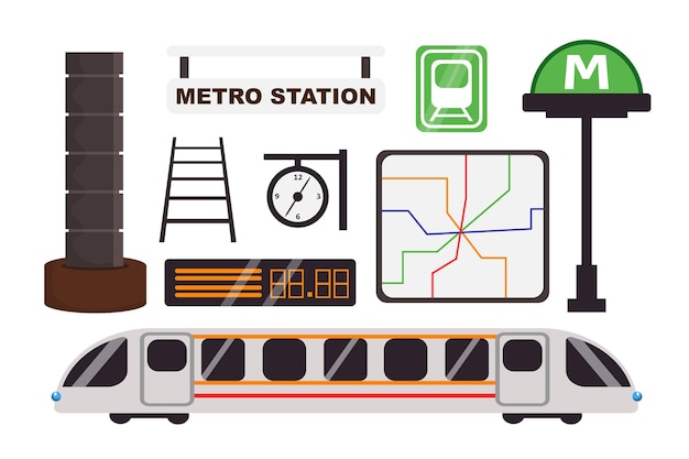 Vector ilustración vectorial de un conjunto de elementos con un metro señales columnas de pared rieles mapa reloj tren eléctrico aislado en fondo blanco estación de metro