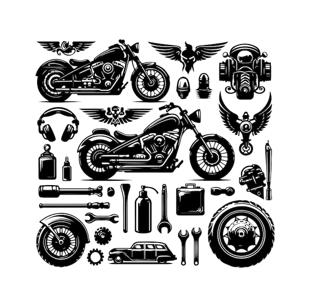 Ilustración vectorial del conjunto de elementos de la motocicleta